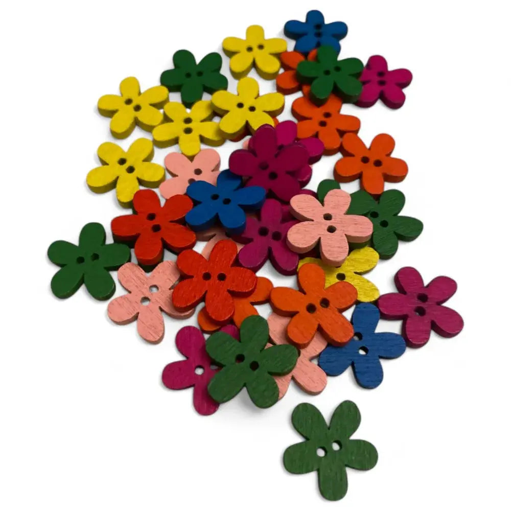 Colorful flower-shaped wooden buttons.