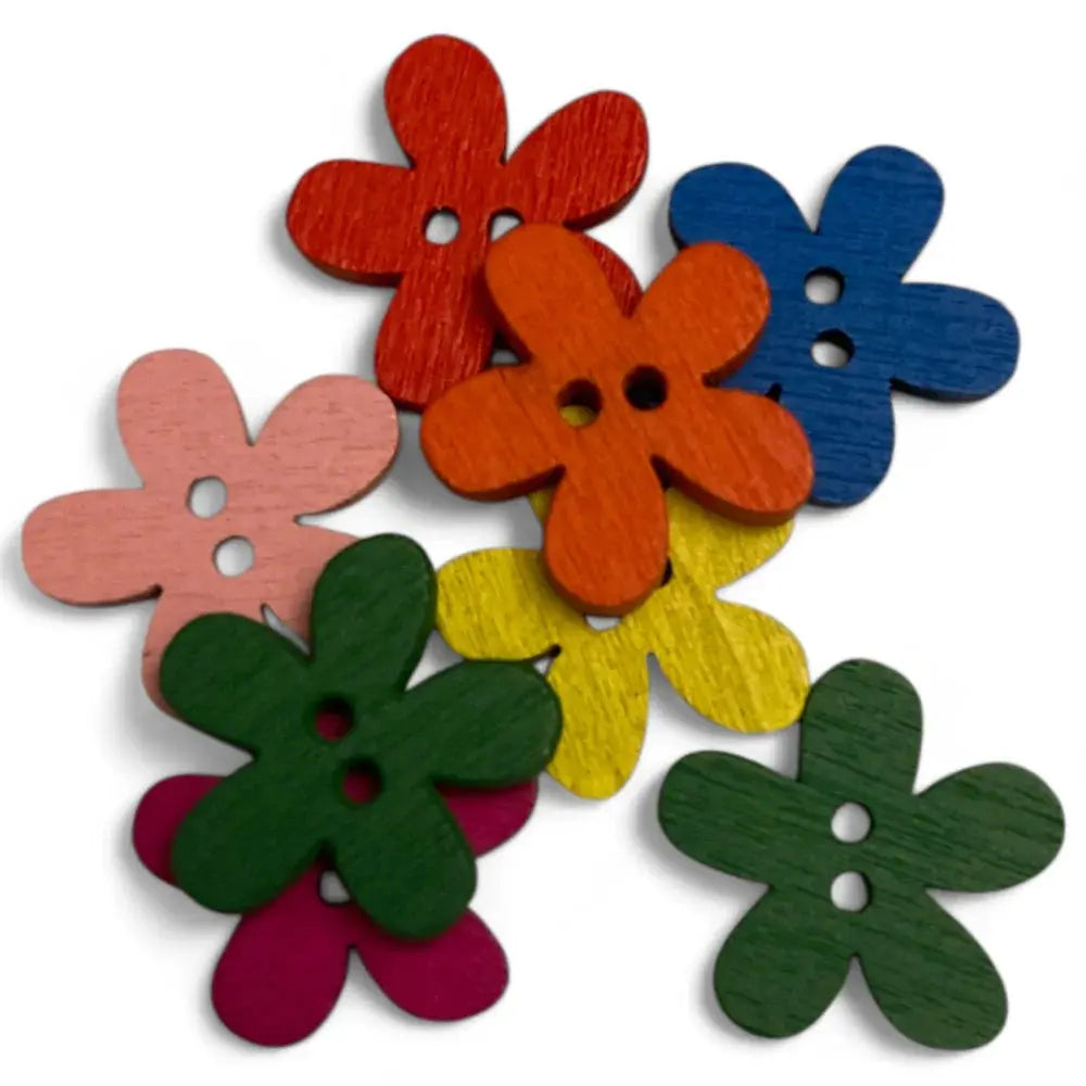 Colorful flower-shaped wooden buttons.
