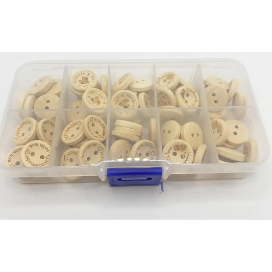 Compartmentalized box of wooden buttons.