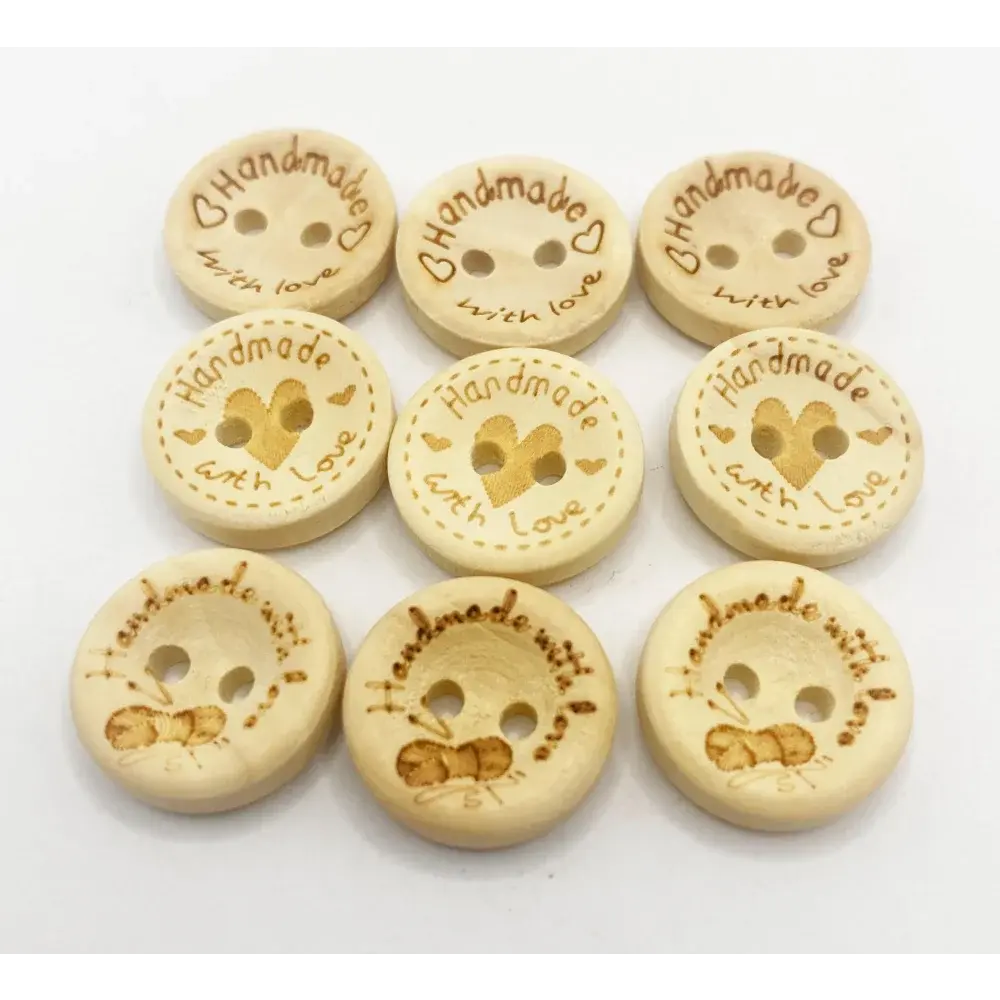 Nine round, wooden, handmade buttons.