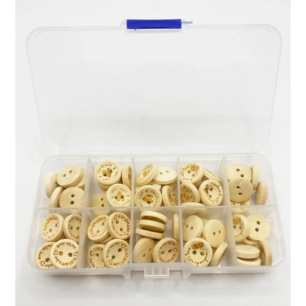 Compartmentalized box of wooden buttons.