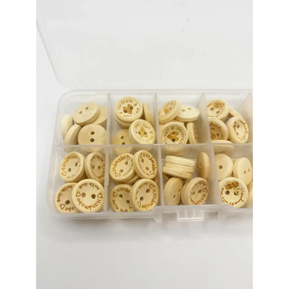Wooden craft buttons in a plastic organizer.