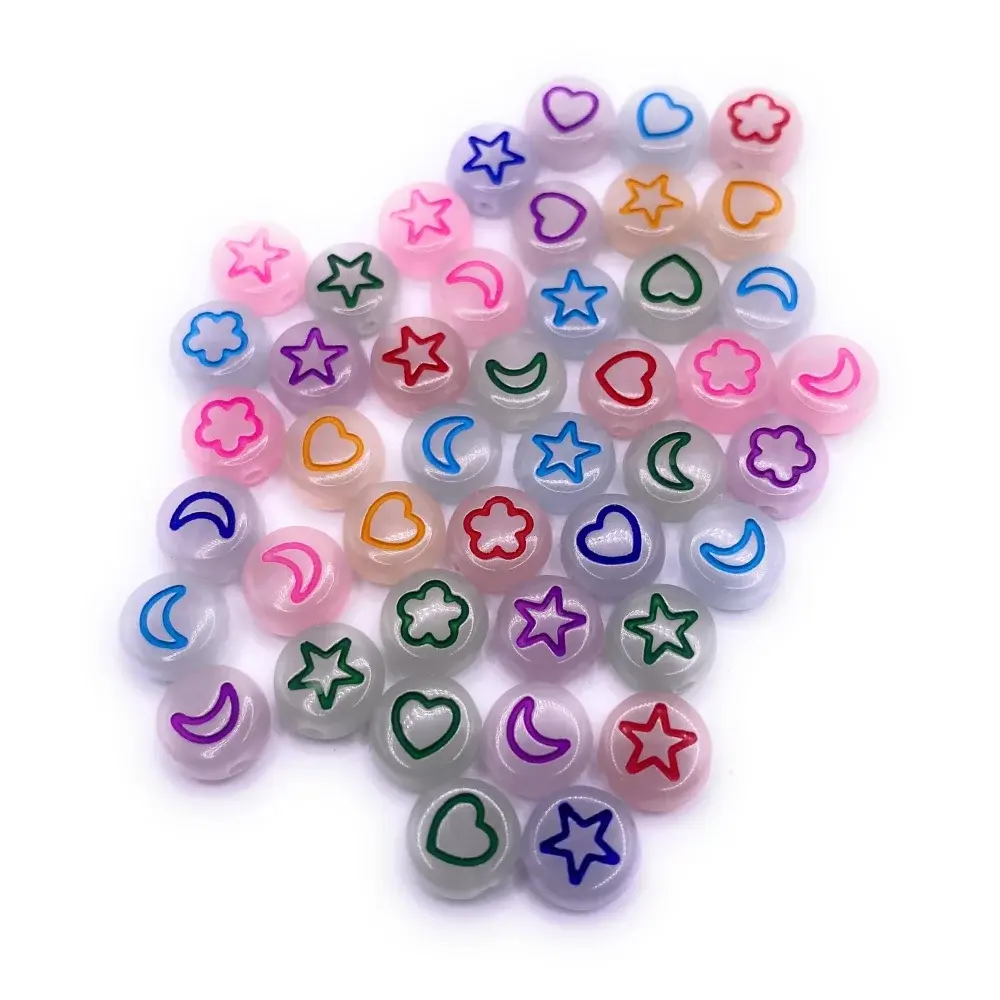 Colorful translucent beads with star, heart, moon, and flower shapes.
