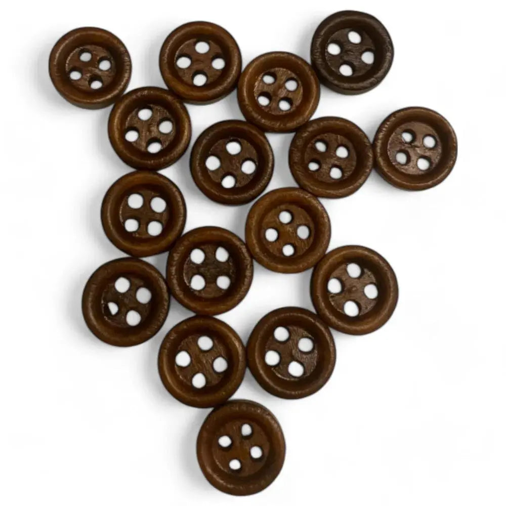Brown wooden four-hole buttons.