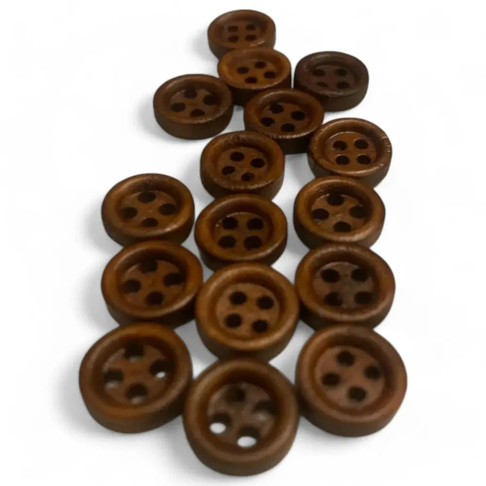 Brown wooden four-hole buttons.