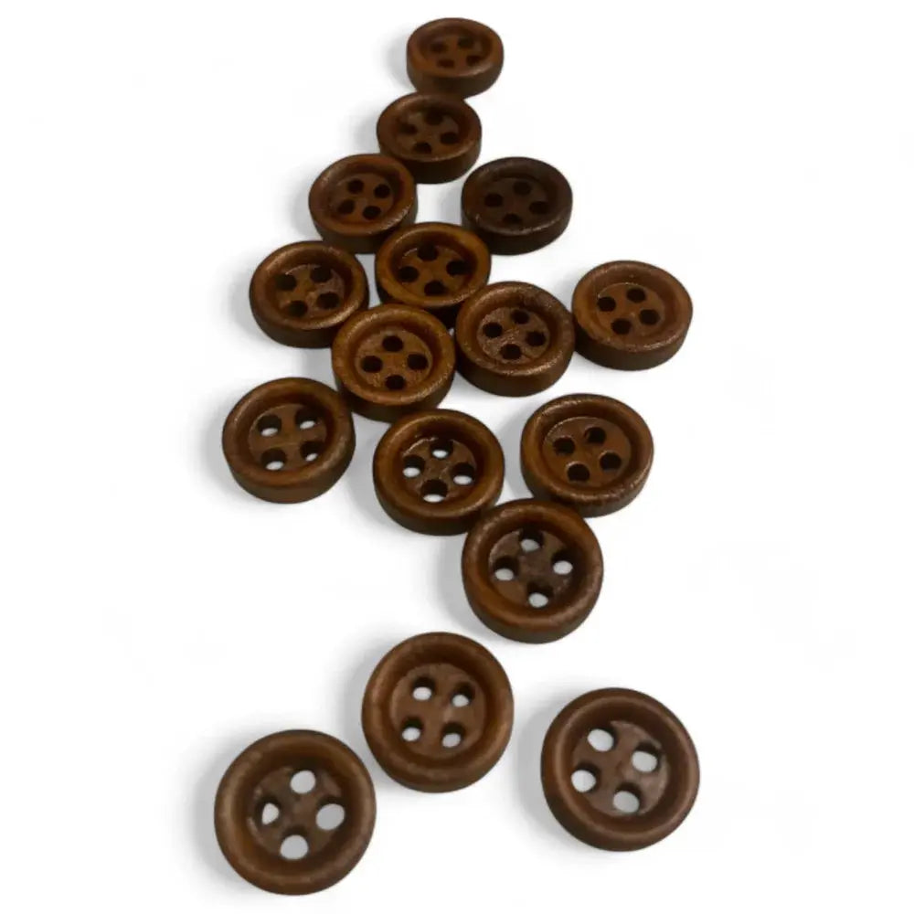 Brown wooden four-hole buttons.