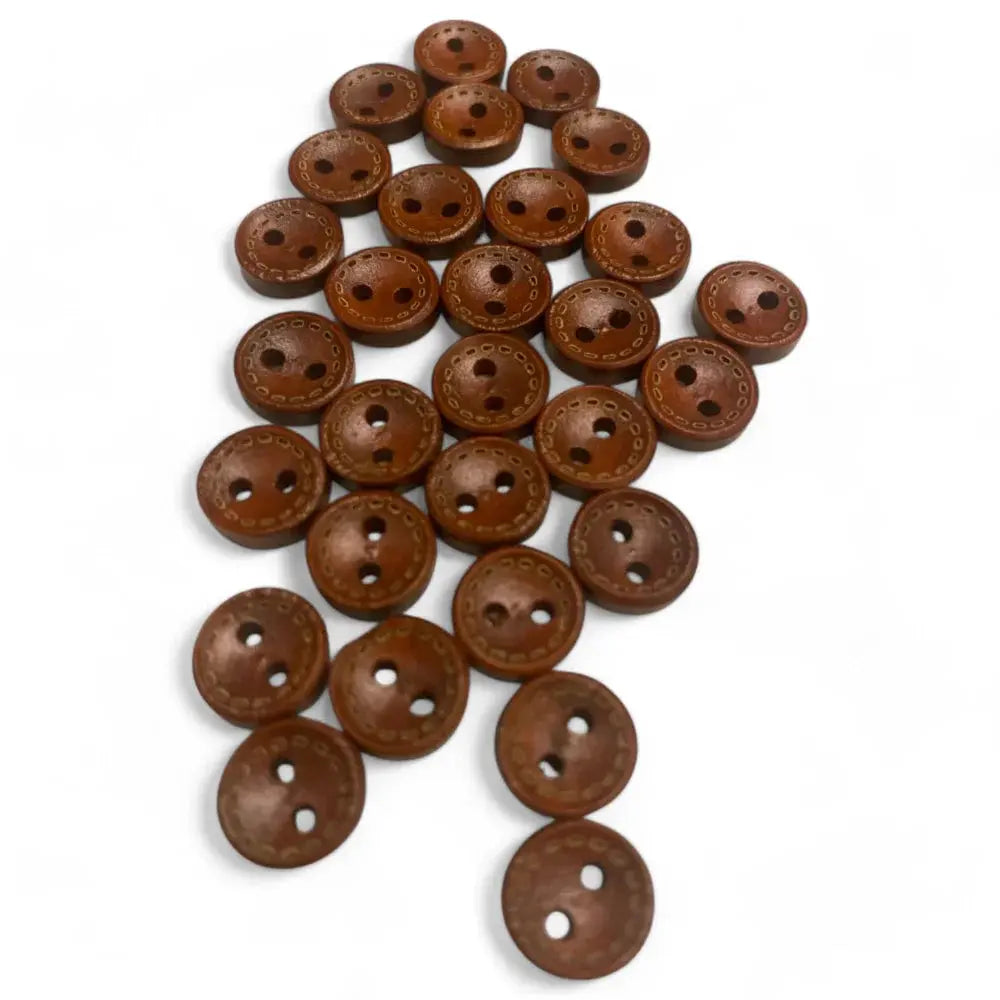 Brown, two-hole, patterned buttons.