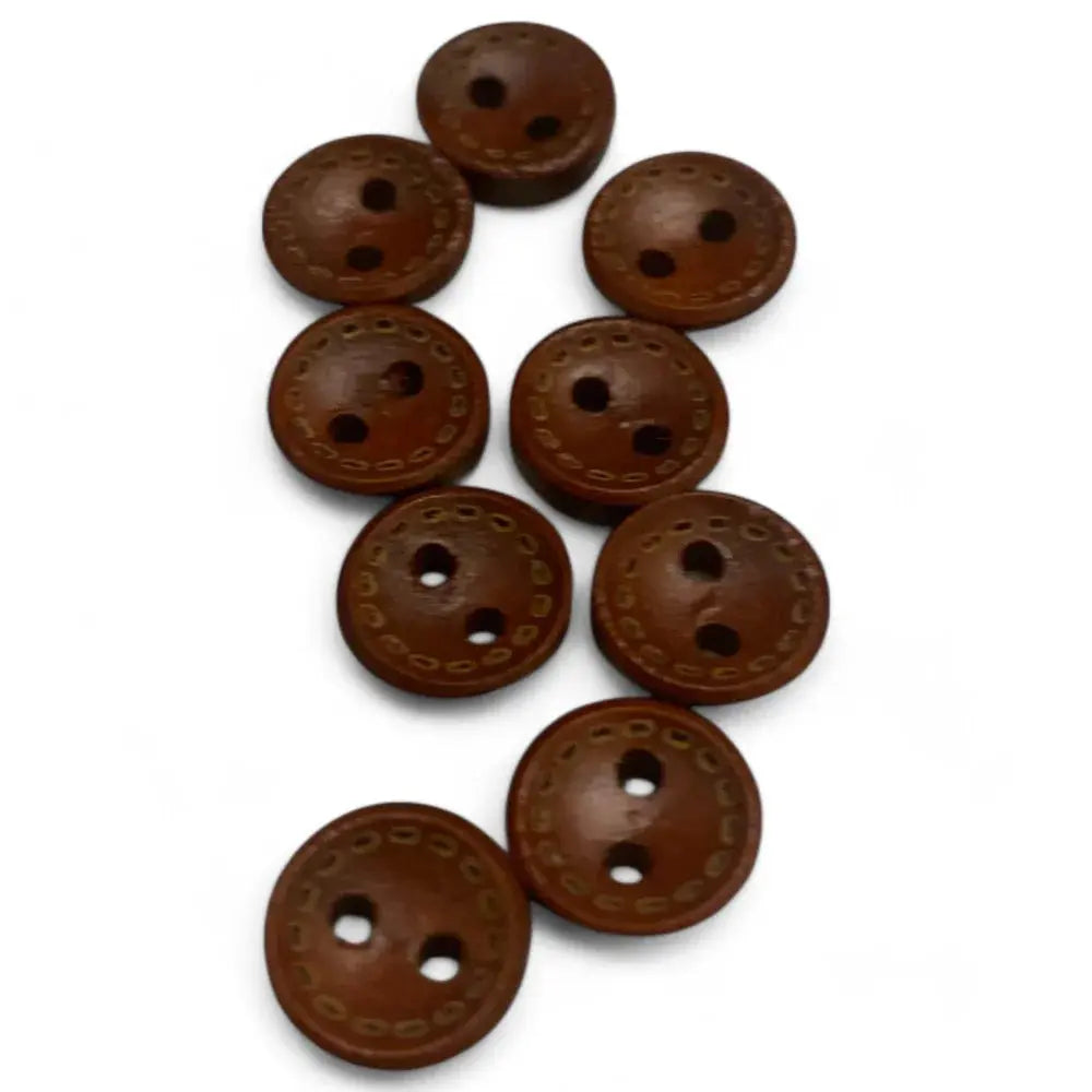 Brown two-hole buttons with decorative stitching.
