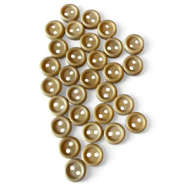 Pile of two-hole, metallic gold buttons.