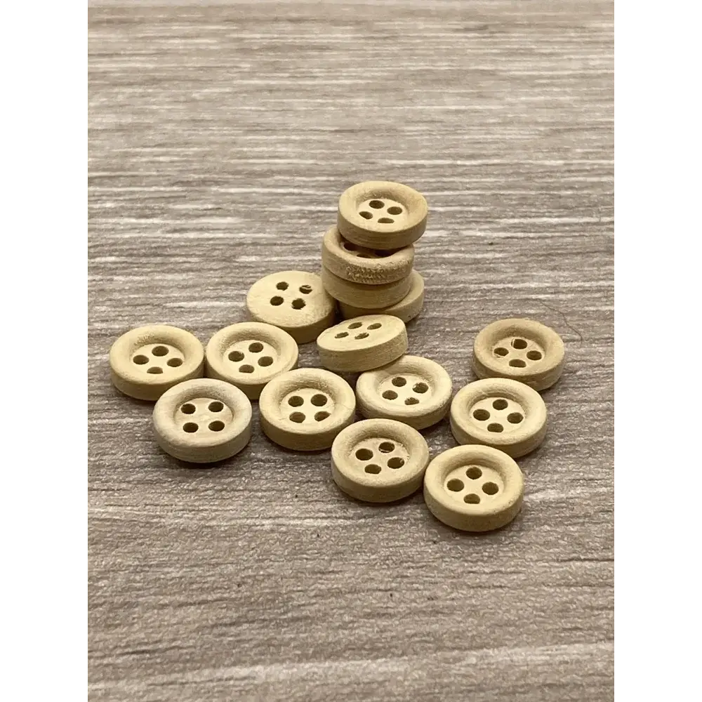 Round, four-hole wooden buttons.