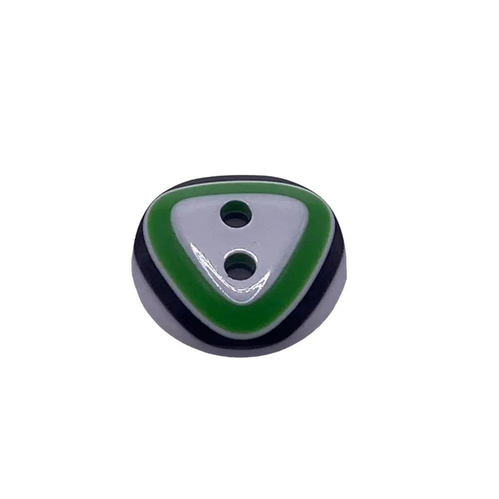Two-hole green and white button.