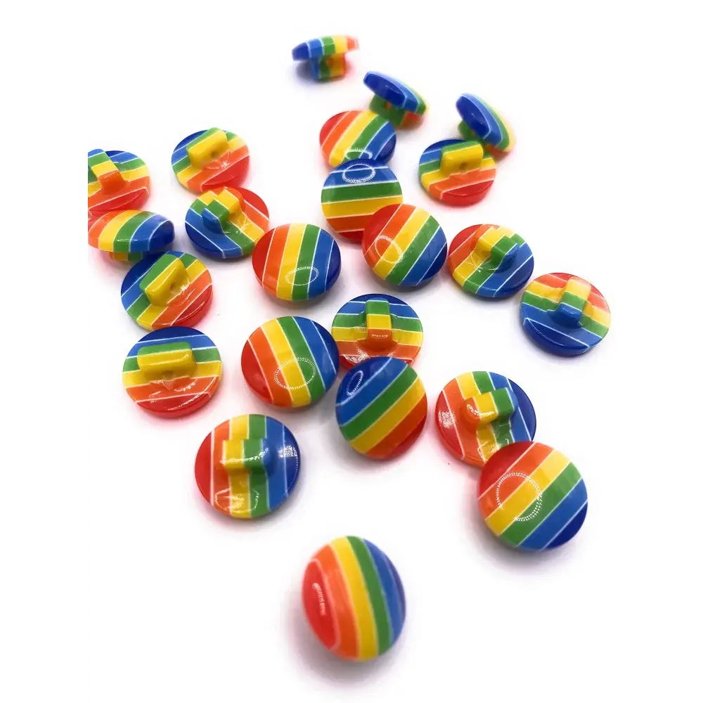 Rainbow-striped plastic buttons.