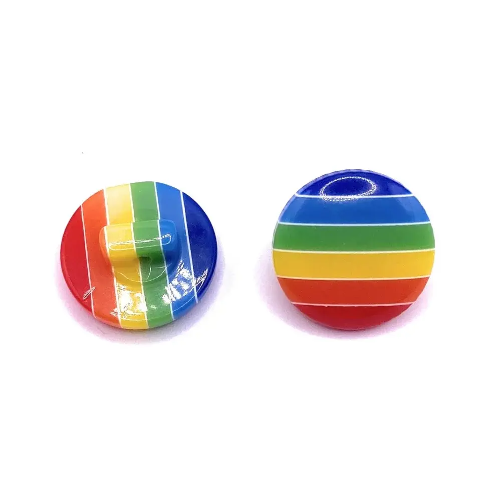 Two rainbow-striped, round buttons.