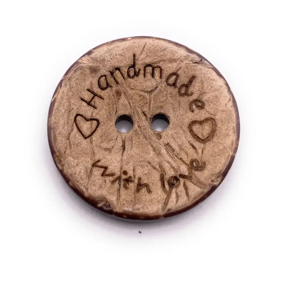 Round, brown button with two holes.