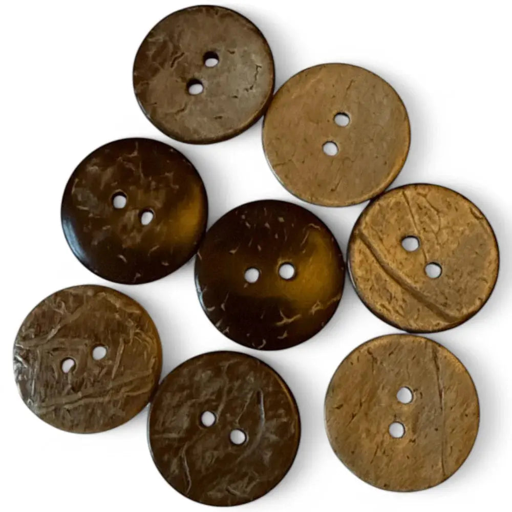 Eight brown, round, two-hole buttons.
