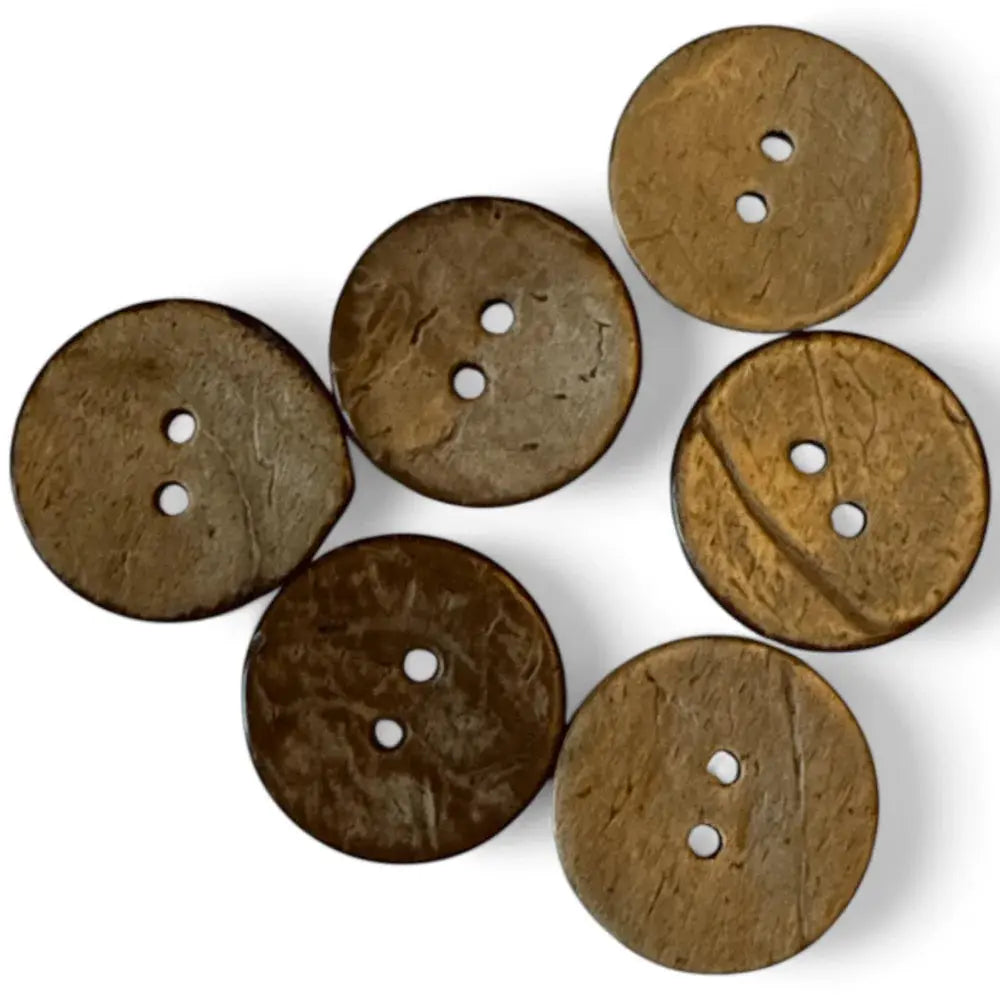 Six brown, two-hole coconut buttons.