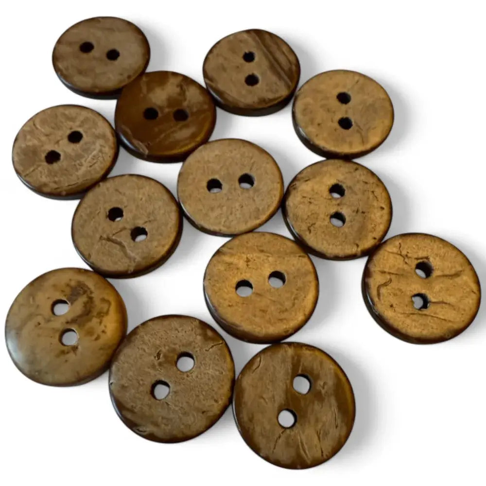 Round, brown, two-hole buttons.
