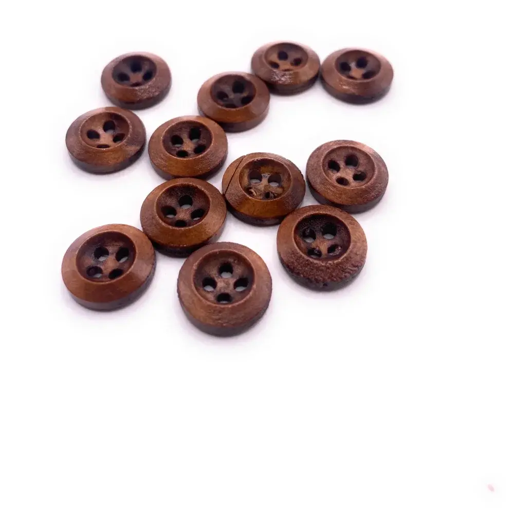Brown wooden buttons with four holes.
