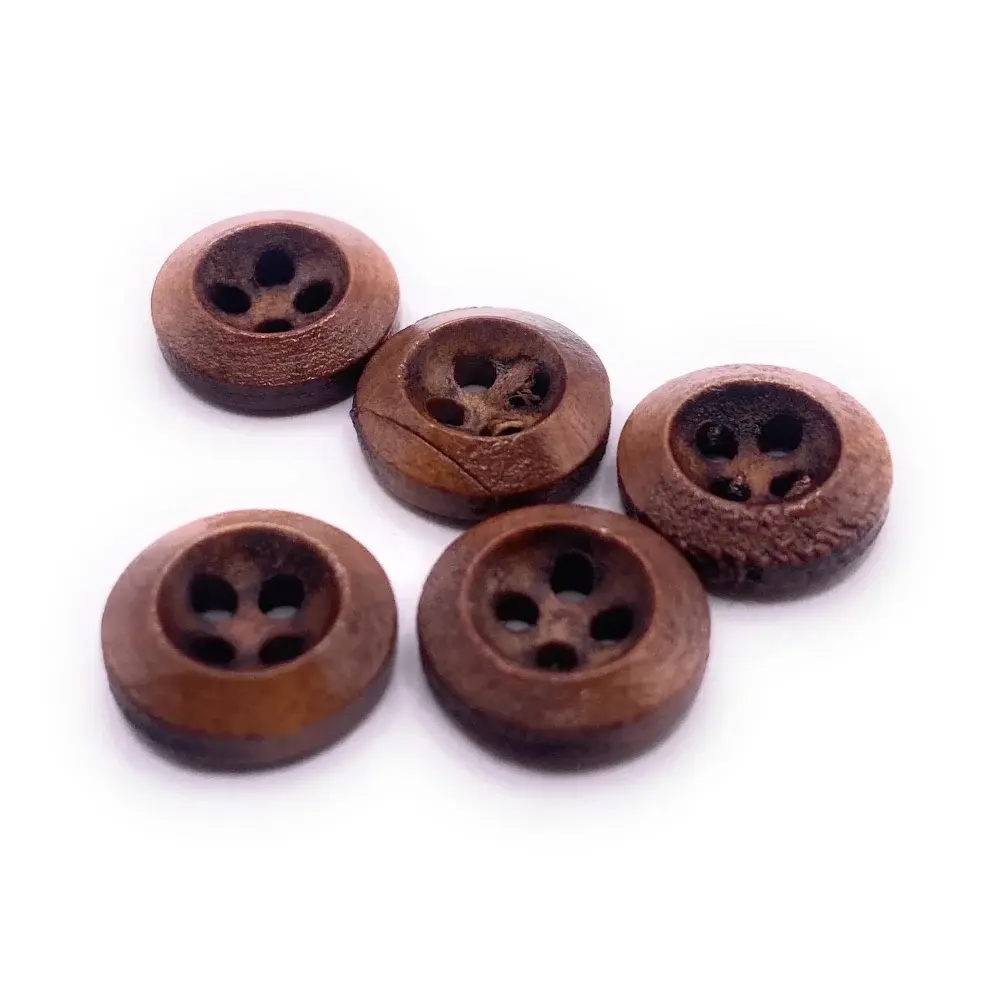 Five brown wooden buttons.