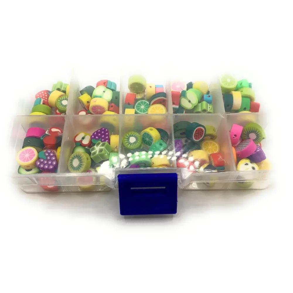 Compartmentalized box of fruit-shaped erasers.