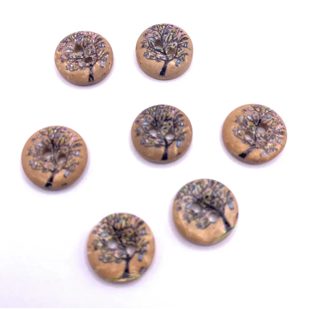 Seven round tree-themed buttons.