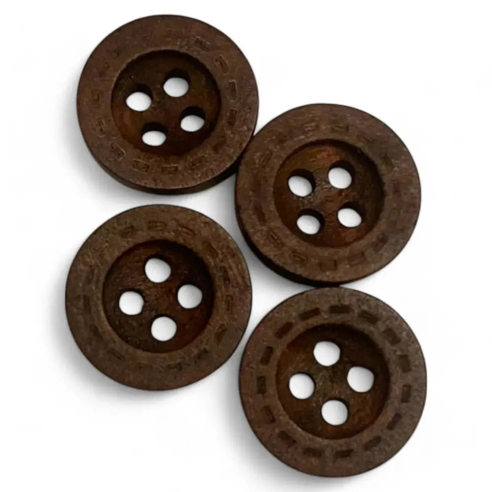 Four brown wooden buttons.
