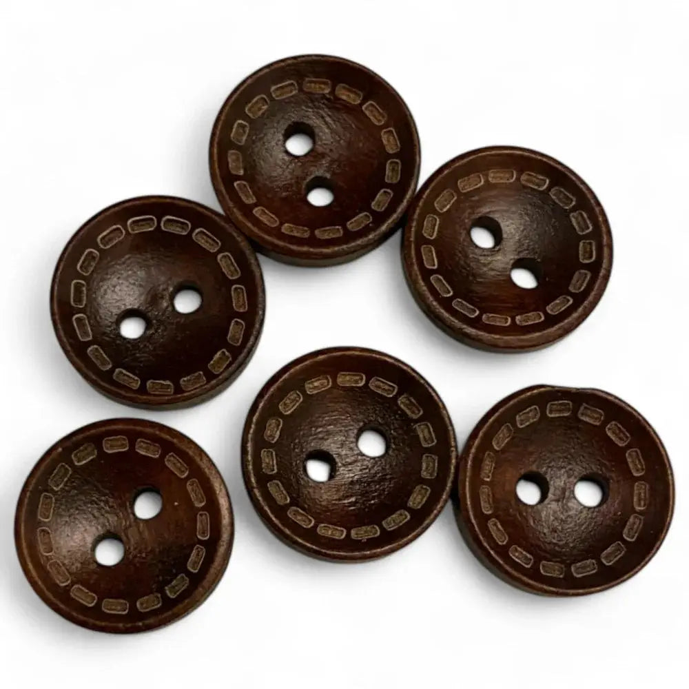 Dark brown, two-hole wooden buttons.