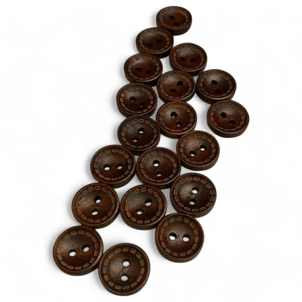 Brown, round, two-hole buttons with decorative stitching.