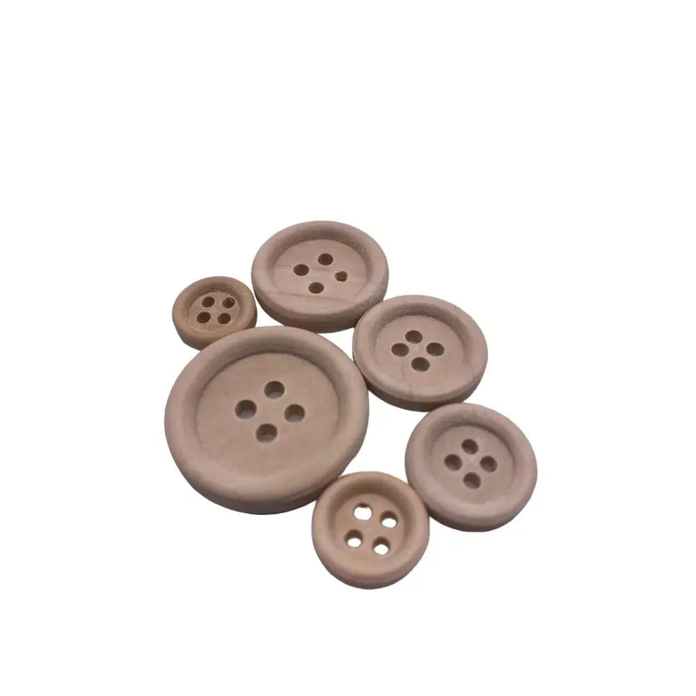 Assorted wooden four-hole buttons.