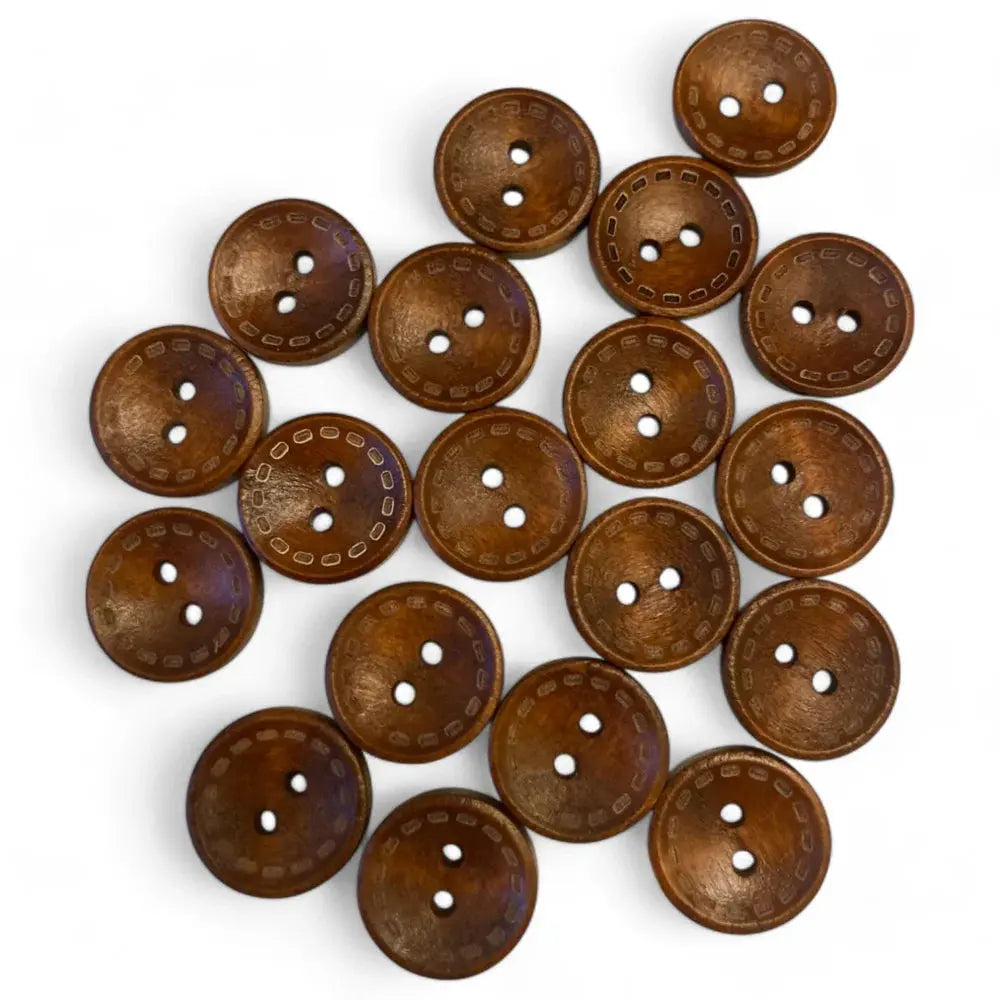 Brown, round, three-holed buttons.