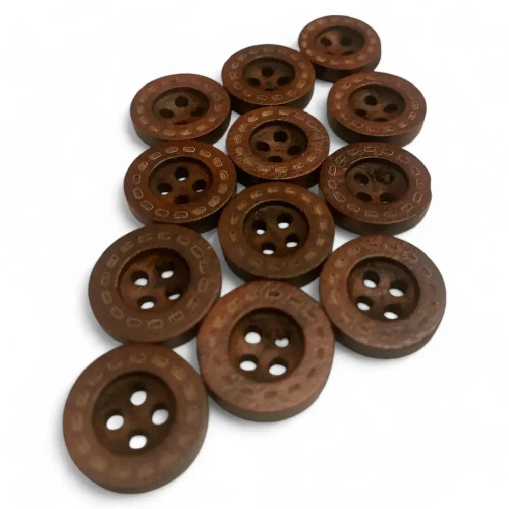 Collection of brown, four-hole buttons.