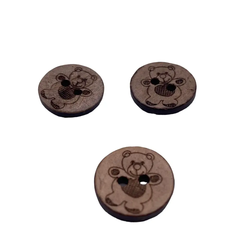 Three round, wooden teddy bear buttons.