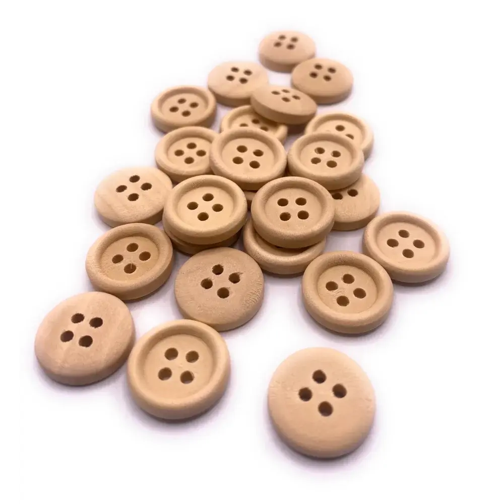 Pile of wooden four-hole buttons.