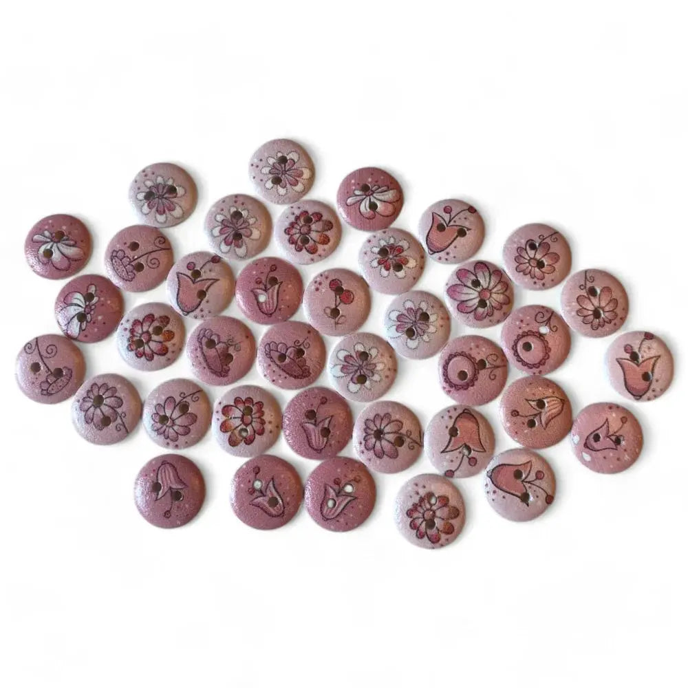 Round, pink, floral-patterned buttons.