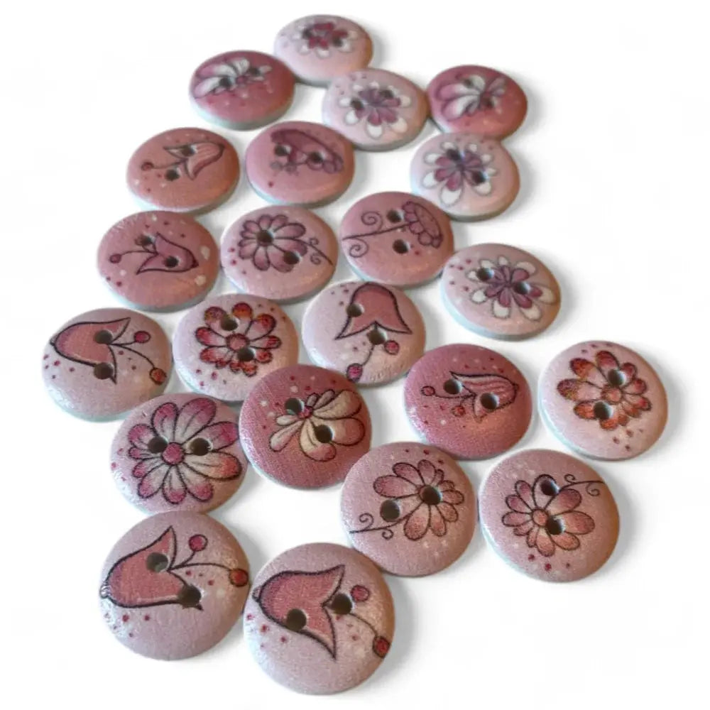 Pink floral patterned wooden buttons.