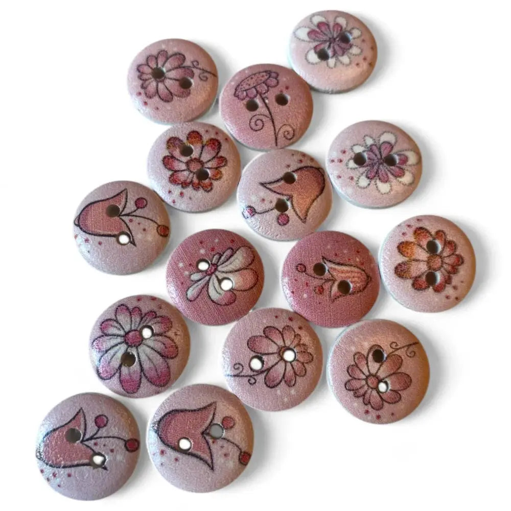 Collection of pink floral wooden buttons.