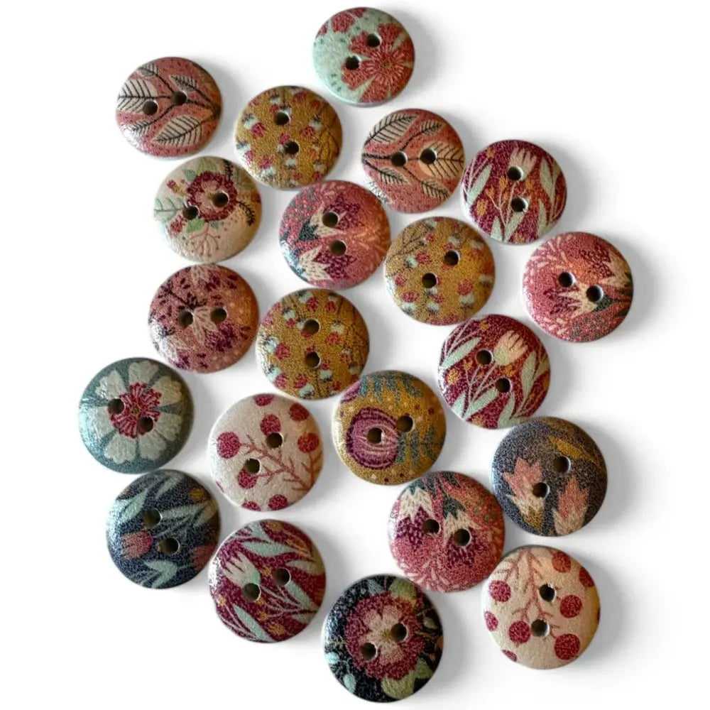 Floral patterned wooden buttons.