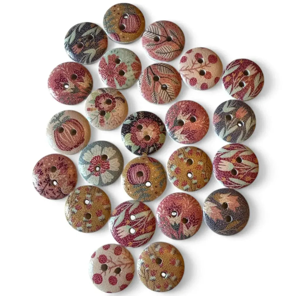 Floral patterned wooden buttons.