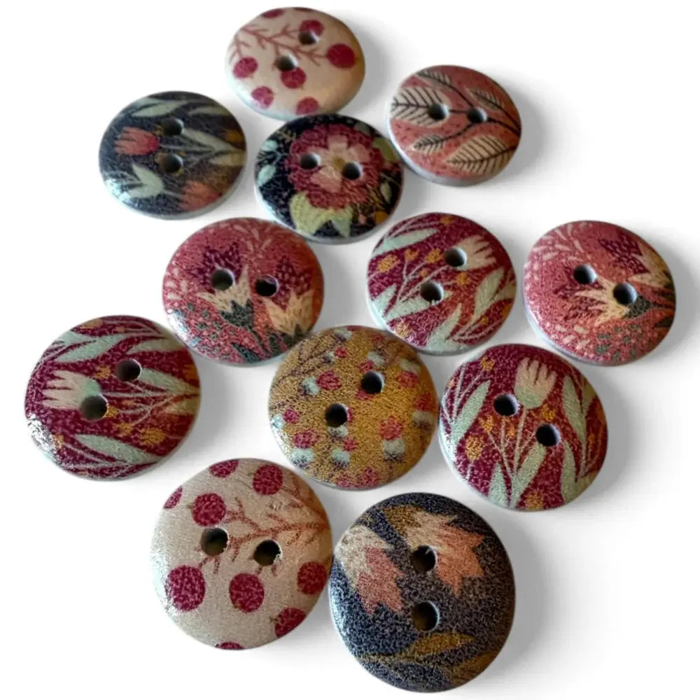 Floral patterned wooden buttons.
