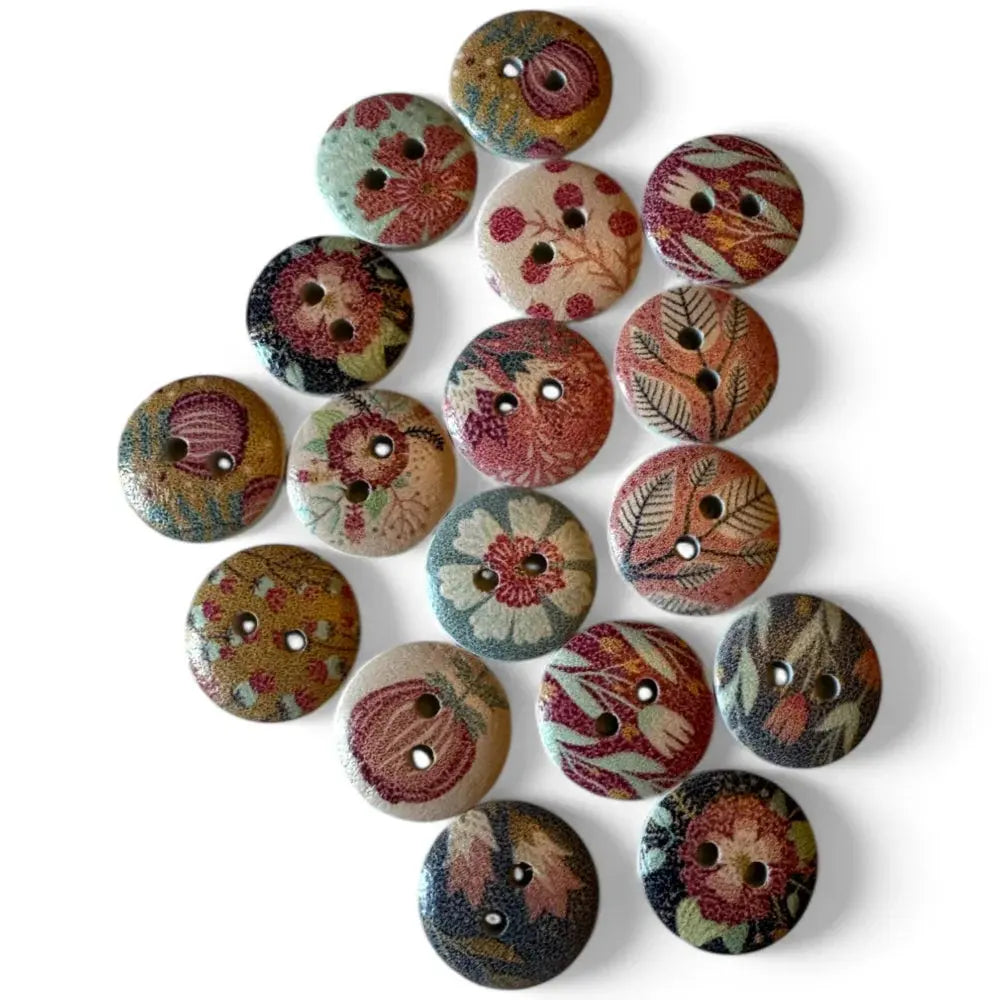 Assorted floral patterned buttons.