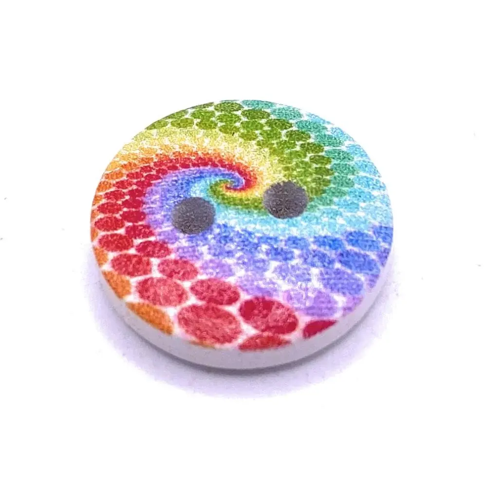Round, rainbow-swirled button with two holes.