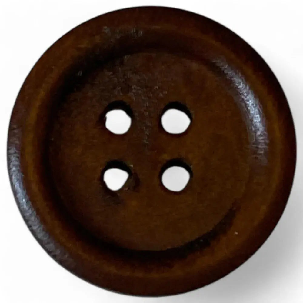 Round, brown, four-hole button.