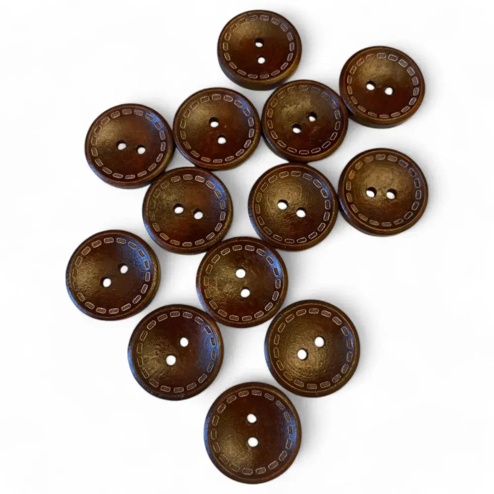 Brown wooden buttons with stitch-like border.