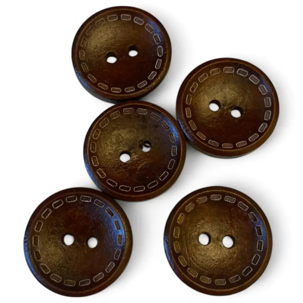 Five brown wooden sewing buttons.