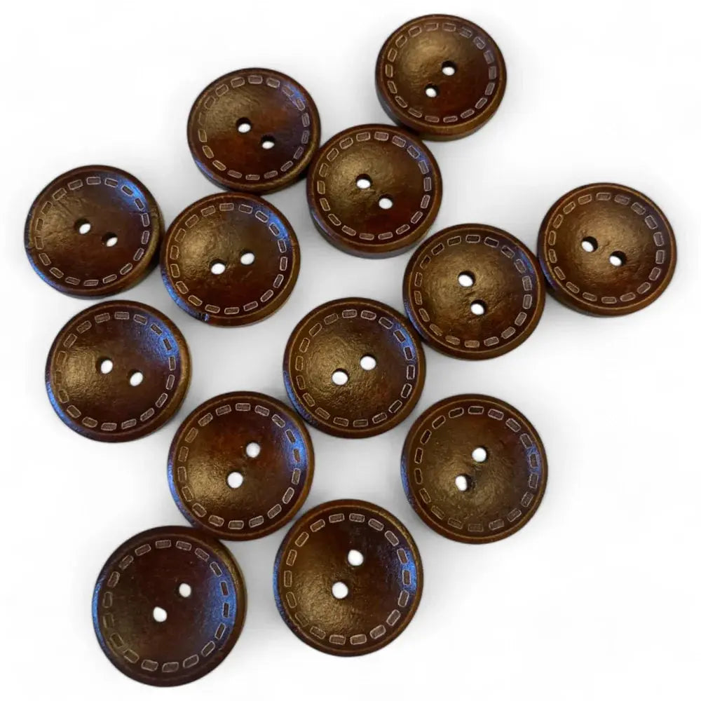 Brown wooden buttons with decorative stitching.