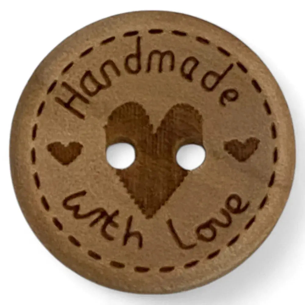 Round, brown, wooden button with a heart and two holes.