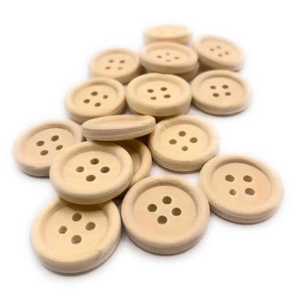 Pile of wooden four-hole buttons.