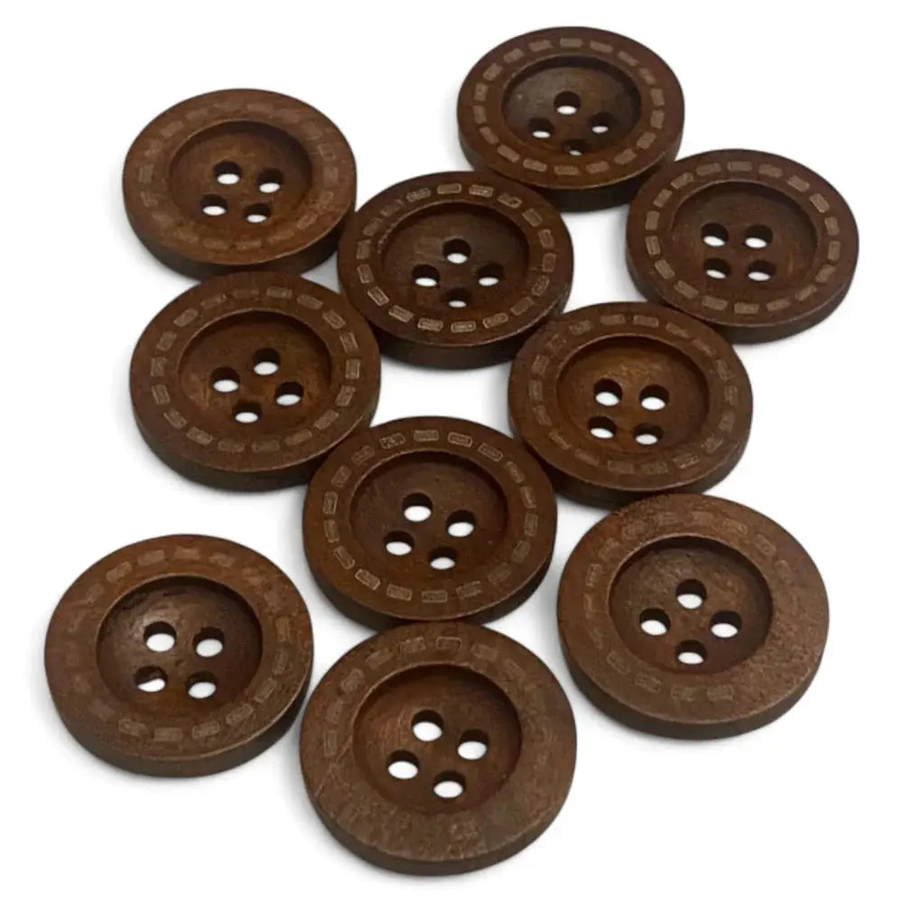 Ten brown wooden buttons.