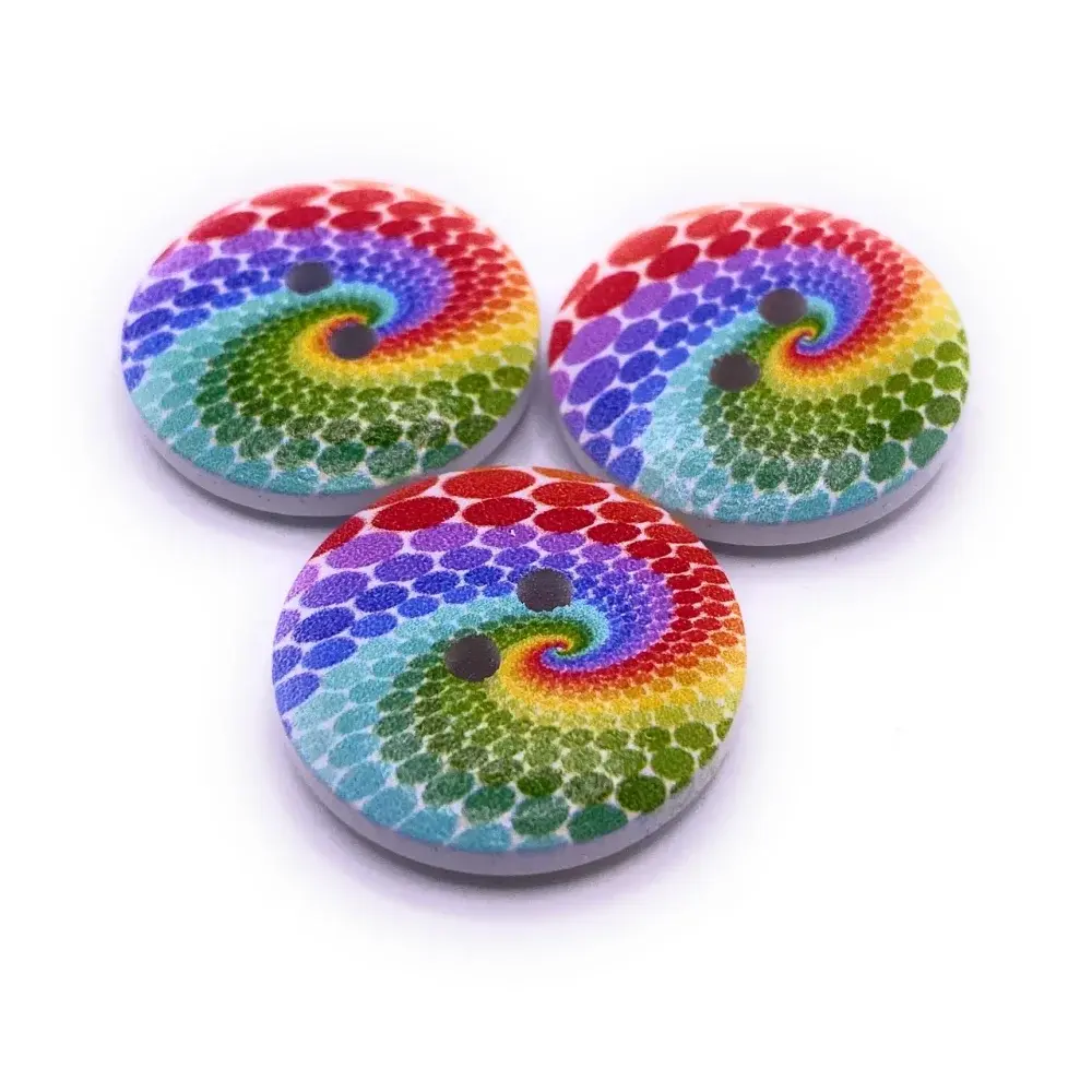 Three rainbow swirl buttons.