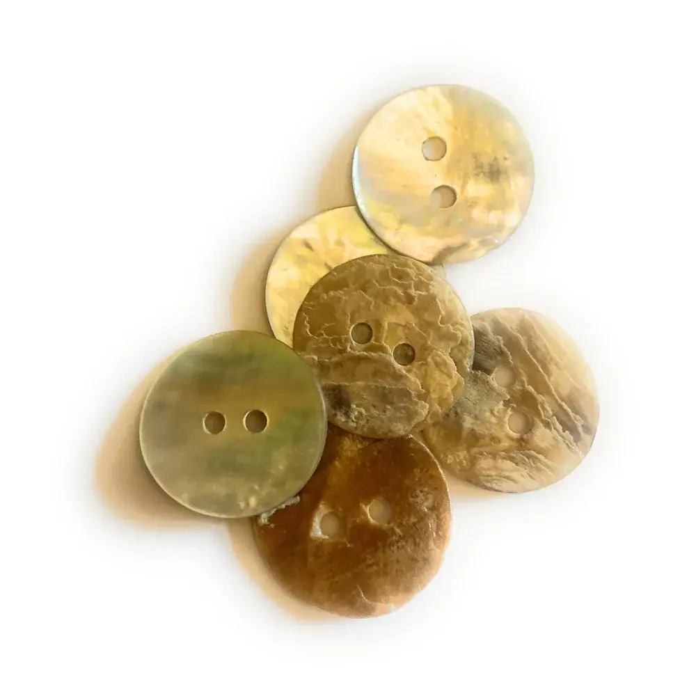 Pile of iridescent, two-holed buttons.
